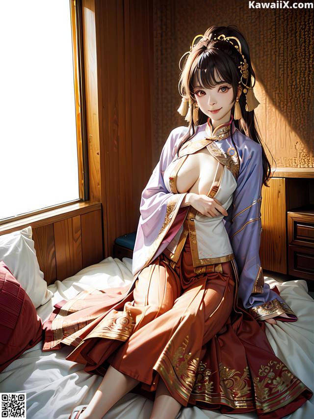 A woman in a kimono sitting on a bed.