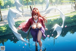 A woman stands outdoors with cherry blossoms, holding a sword, wearing a red and white outfit.