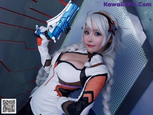 A woman in a white and black outfit holding a blue gun.