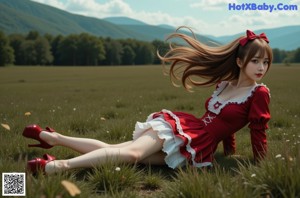 a sexy asian woman in a red and white dress