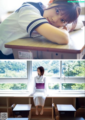 A woman in a school uniform sitting at a desk.