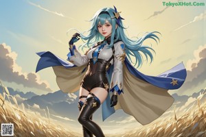 A woman with blue hair sitting on a tree branch.