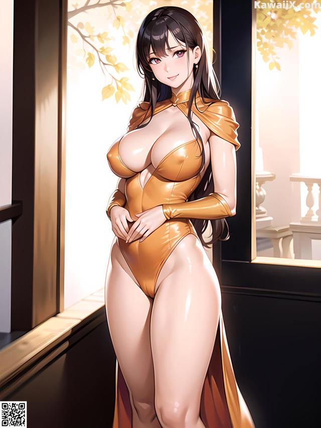 A woman in a gold bodysuit standing in front of a window.