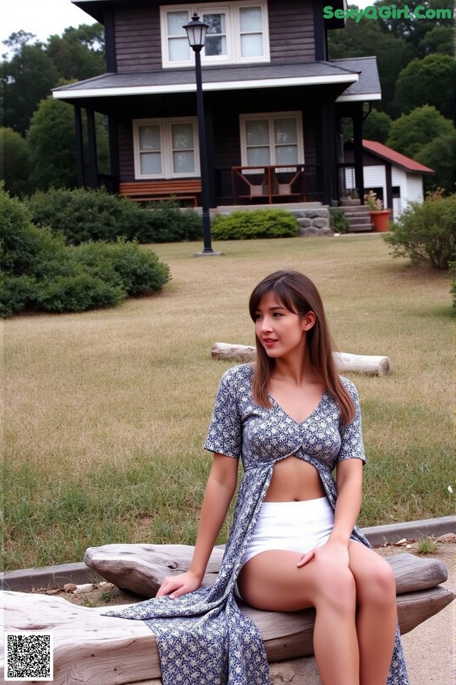 A woman sitting on a log in front of a house.