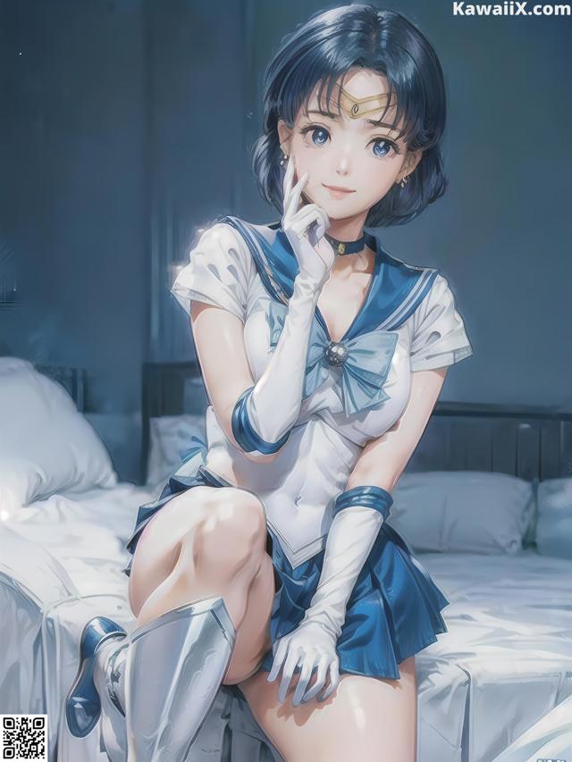 A woman in a sailor outfit sitting on a bed.