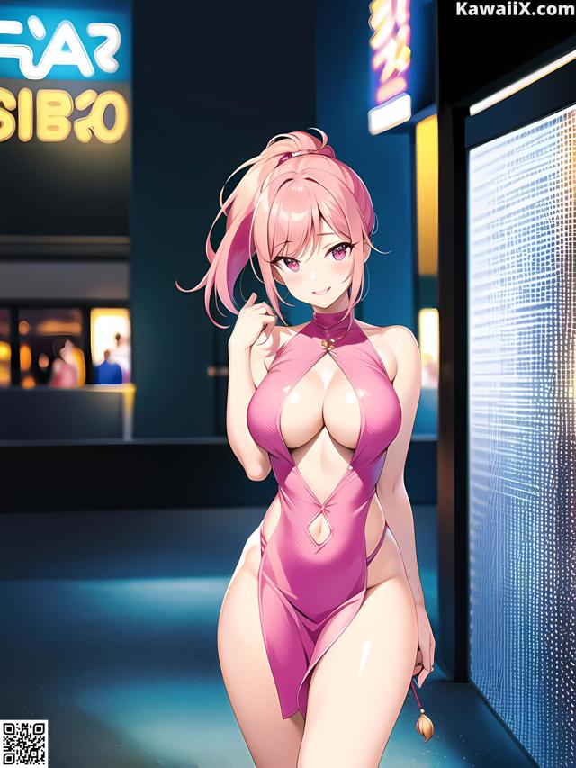 Hentai - 华彩繁花 Set 2 20230602 Part 23 No.3f0614 A woman in a pink bathing suit standing in front of a neon sign.