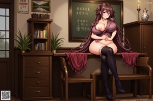 A naked anime girl with long pink hair posing naked in a room.