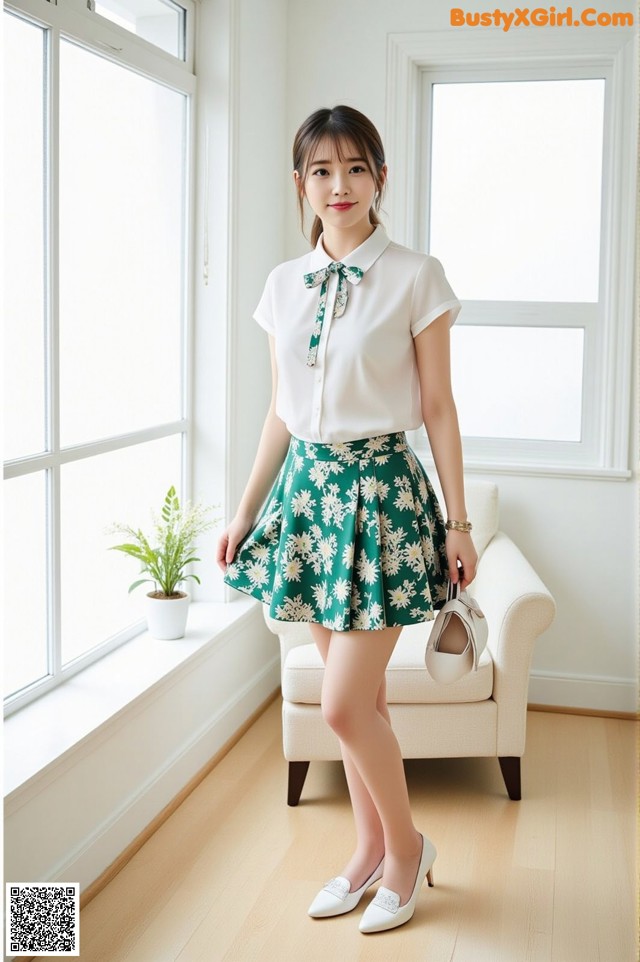 A woman standing in front of a window wearing a white shirt and green skirt.