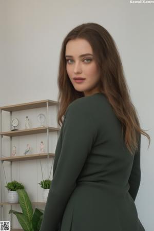 A woman in a black dress sitting on a couch.