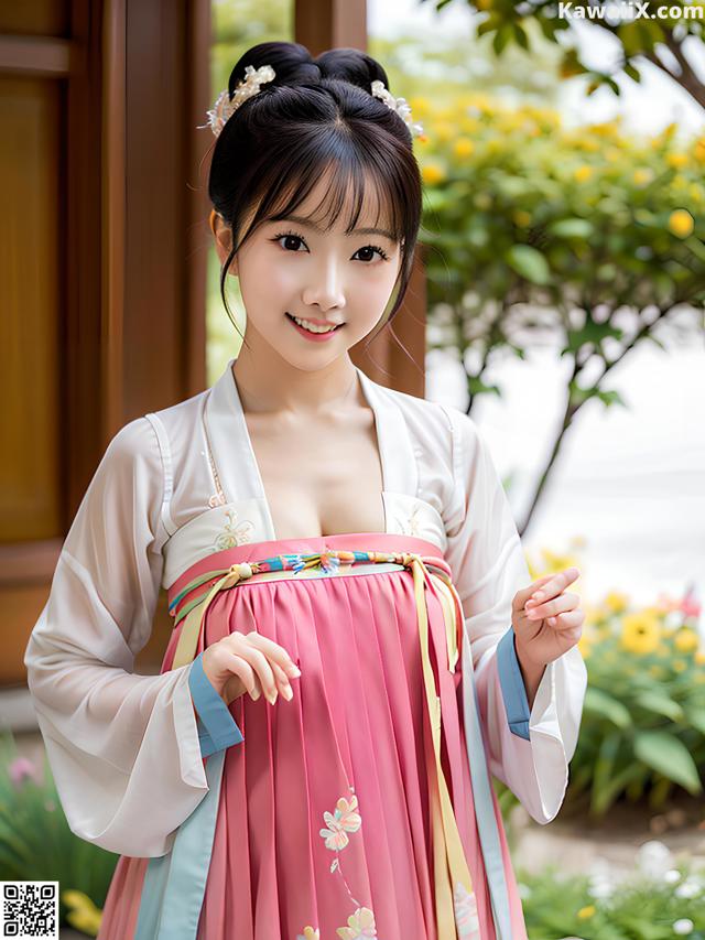 A woman in a pink and blue hanbok posing for a picture.