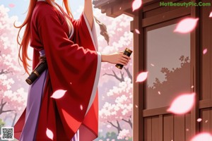 A woman in traditional attire holds multiple swords, standing outdoors near a building with cherry blossoms.