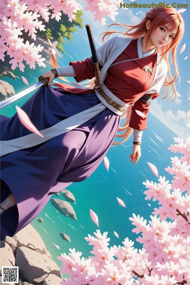 A woman in traditional attire holds a sword amidst cherry blossoms and a serene landscape.