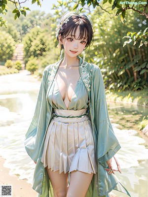 A woman in a pink kimono sitting on a wooden bench.