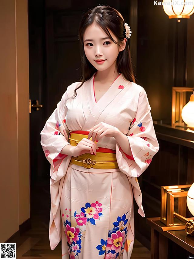 A woman in a pink kimono standing in a room.