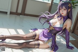 A woman with long purple hair sitting on the ground.