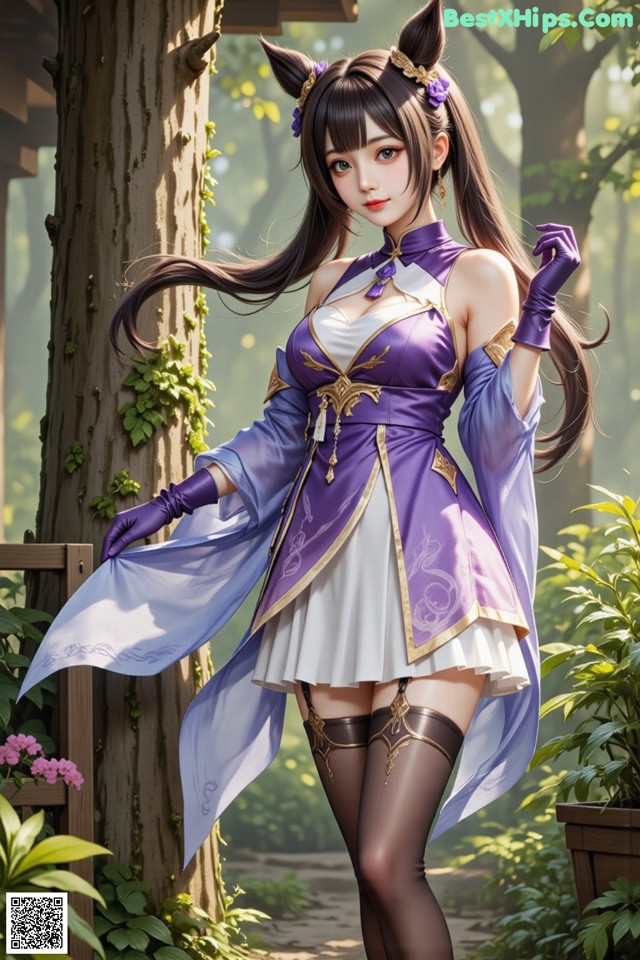 Hentai - Sovereign of Lightning in Exquisite Garb Set.2 20250126 Part 11 No.ff4b14 A woman in a purple and white dress standing next to a tree.