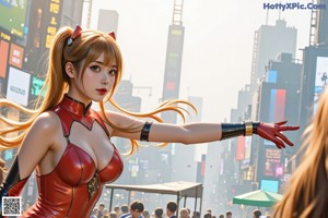 A woman in a red latex outfit standing on a balcony.