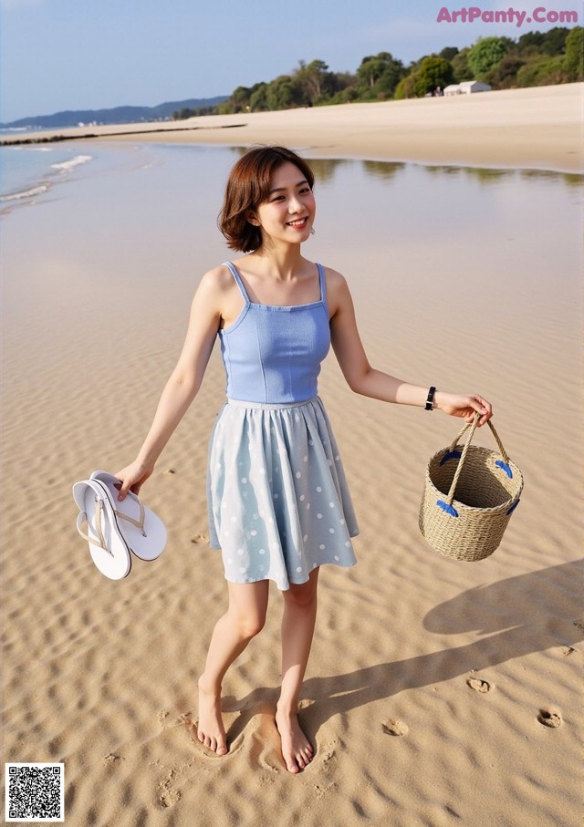 A woman walking on the beach holding a basket and flip flops.