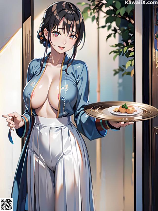 A woman holding a plate of food in front of a door.