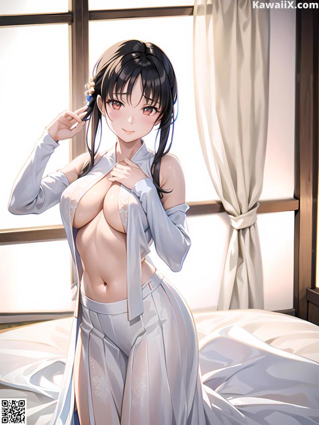 A woman in a white robe is posing on a bed.