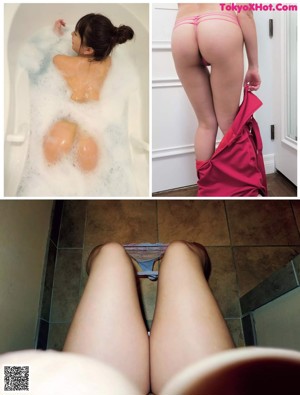 A naked woman sitting in a bathtub with her legs crossed.