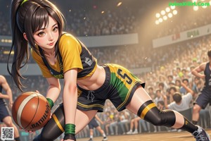 A girl in a basketball uniform holding a basketball.