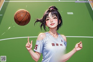 A woman in a basketball uniform holding a basketball on a court.