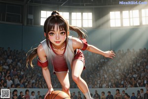 A girl in a basketball uniform holding a basketball in front of a crowd.