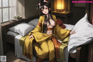 A naked woman in a kimono standing on a bed.