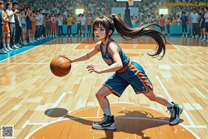 A girl in a basketball uniform dribbling a basketball on a court.