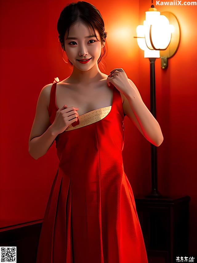 A woman in a red dress standing in front of a red wall.