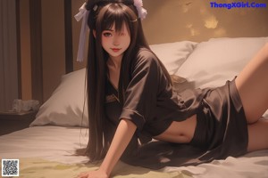 A woman with long black hair adorned with flowers, sitting on a wooden floor near a bed.