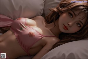 A woman in a pink dress sitting on a bed.