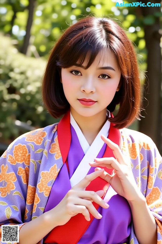 A woman in a purple and orange kimono posing for a picture.