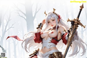 A woman in a detailed, armored outfit stands in a forest setting, holding a sword.