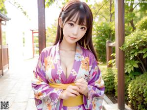 A woman in a kimono posing on a bed.