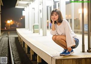 A woman in a blue skirt posing naked on a train.