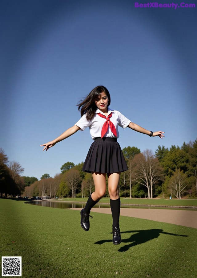 A woman in a school uniform is jumping in the air.