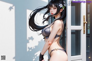 A woman in a bikini sitting on a bed with flowers.