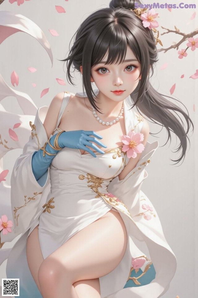 Hentai - The Frozen Elegance That Melts Starlight Set.1 20250104 Part 7 No.b90d1a A woman in a white dress and blue gloves sitting on a tree branch.