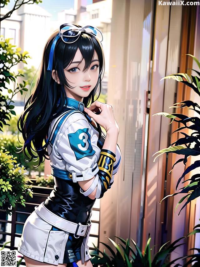 A woman in a white and blue outfit posing for a picture.