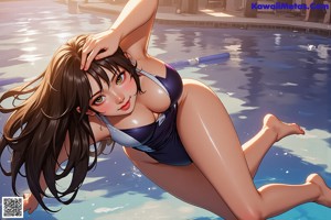 A woman in a white bathing suit sitting in a pool.