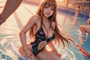 A woman in a pink bathing suit sitting next to a swimming pool.