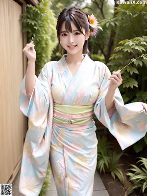 A woman in a blue and pink kimono posing for a picture.