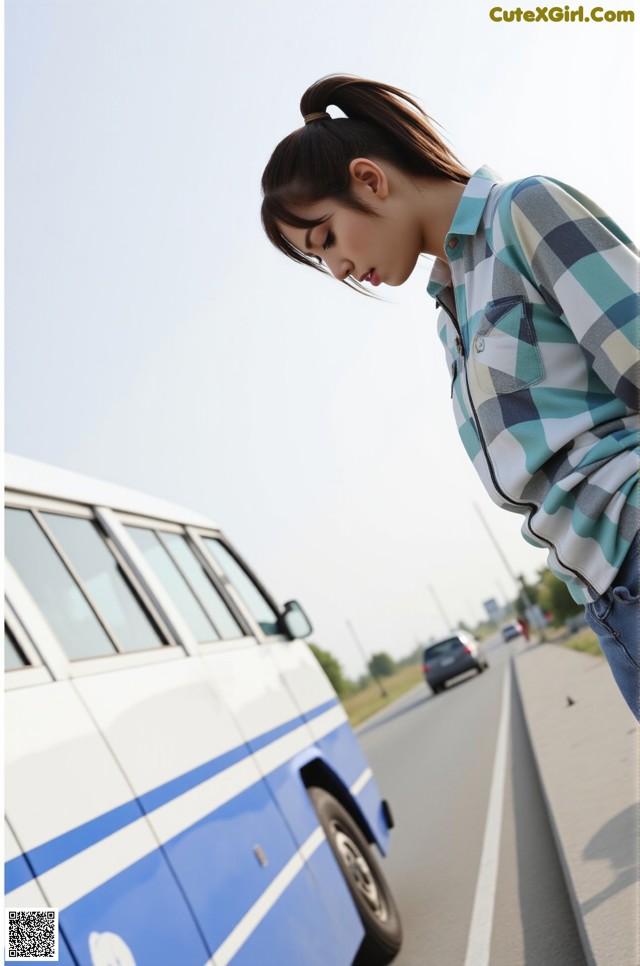 A woman leaning against a blue and white van on the side of the road.