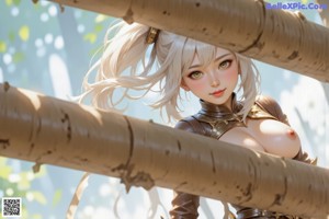 A woman in a detailed armor outfit holds a sword, standing in a serene outdoor setting with flowing leaves.