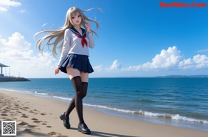 A girl in a school uniform is standing by a window.