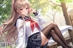 A girl in a school uniform standing on a path by the ocean.