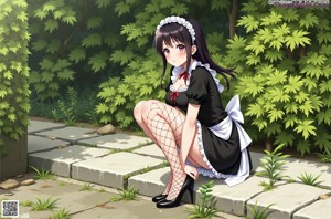 A naked anime girl in a maid outfit posing in the woods.