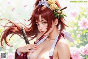 A woman with red hair tied in a ponytail, wearing a red and white outfit, holding a sword amidst cherry blossoms.